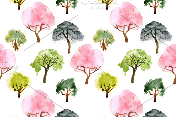 Watercolor trees and patterns in Illustrations - product preview 2