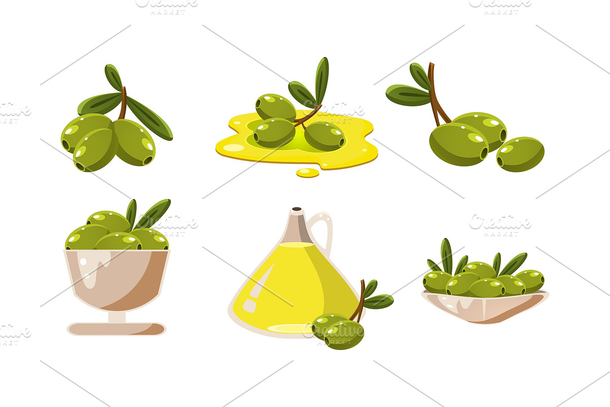 Fresh green olives and oil set in Illustrations - product preview 8