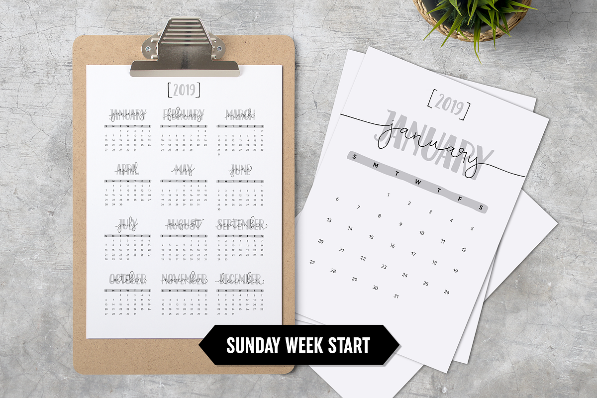 Calendar 2019 A4 Minimalistic Sunday in Stationery Templates - product preview 8