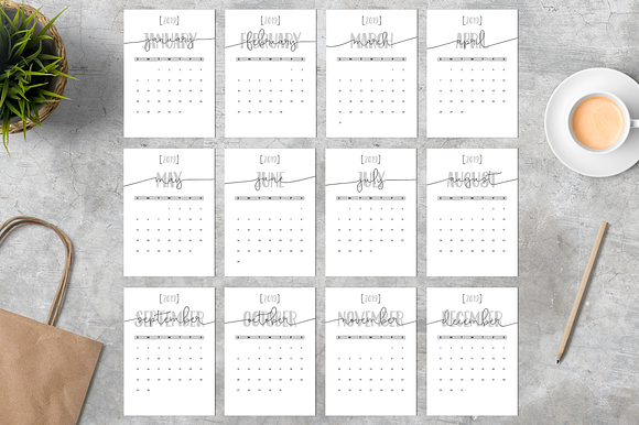 Calendar 2019 A4 Minimalistic Sunday in Stationery Templates - product preview 1