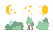 Summer trees, moon and stars