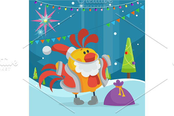 Rooster Bird in Santa's Cloth with