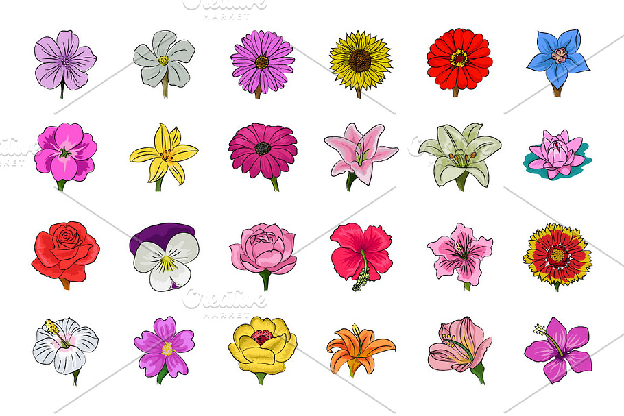 Floral Hand Drawn Colored Icons