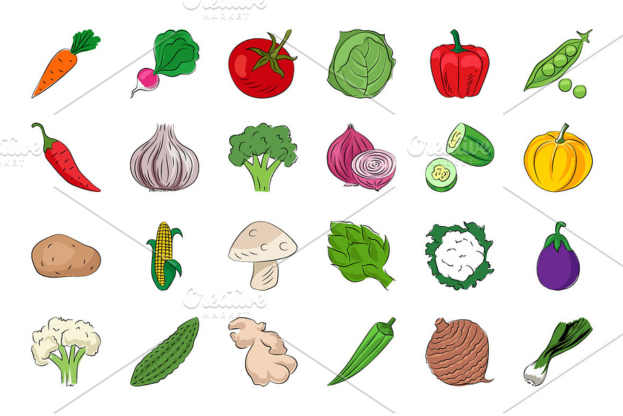Fruits and Vegetables Sketch Icons