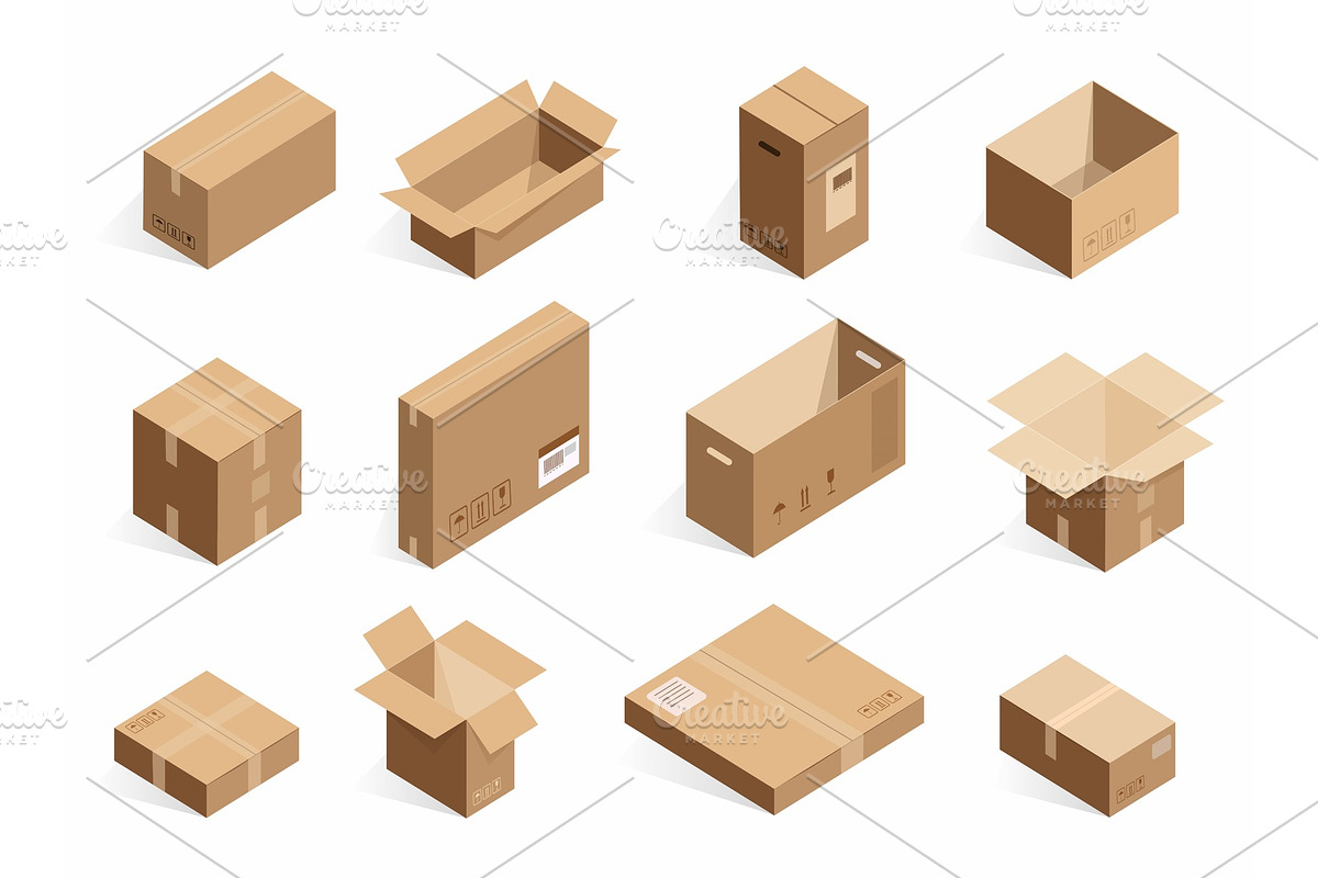 Isometric cardboard delivery boxes in Objects - product preview 8