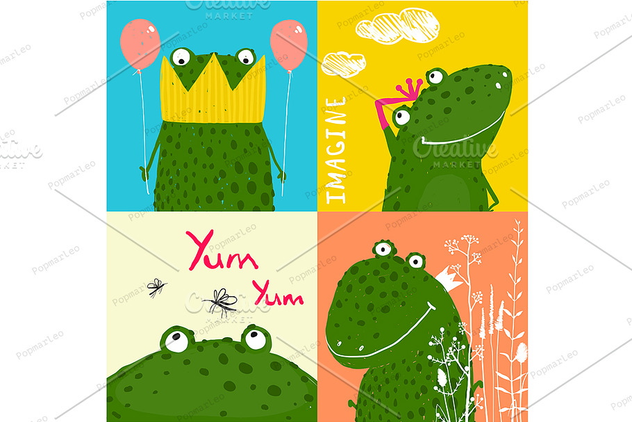 Colorful Fun Cartoon Frogs Animals