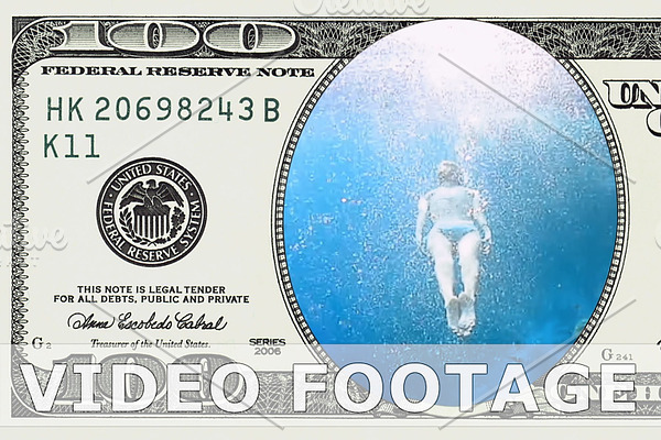 Woman underwater in 100 dollar bill