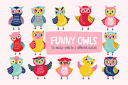 Funny cartoon owls set