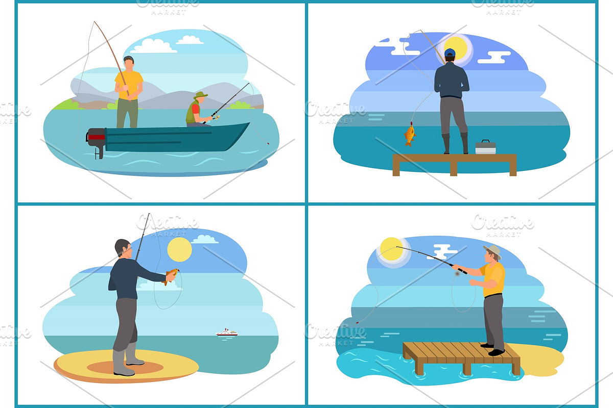 Fishing on Lake in Boat Set Vector in Illustrations - product preview 8