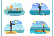 Fishing on Lake in Boat Set Vector