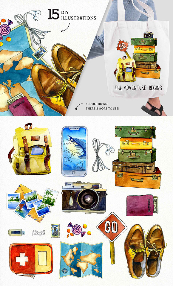 Wanderlust Watercolor Clipart Set in Illustrations - product preview 1