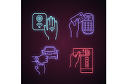 NFC technology neon light icons set