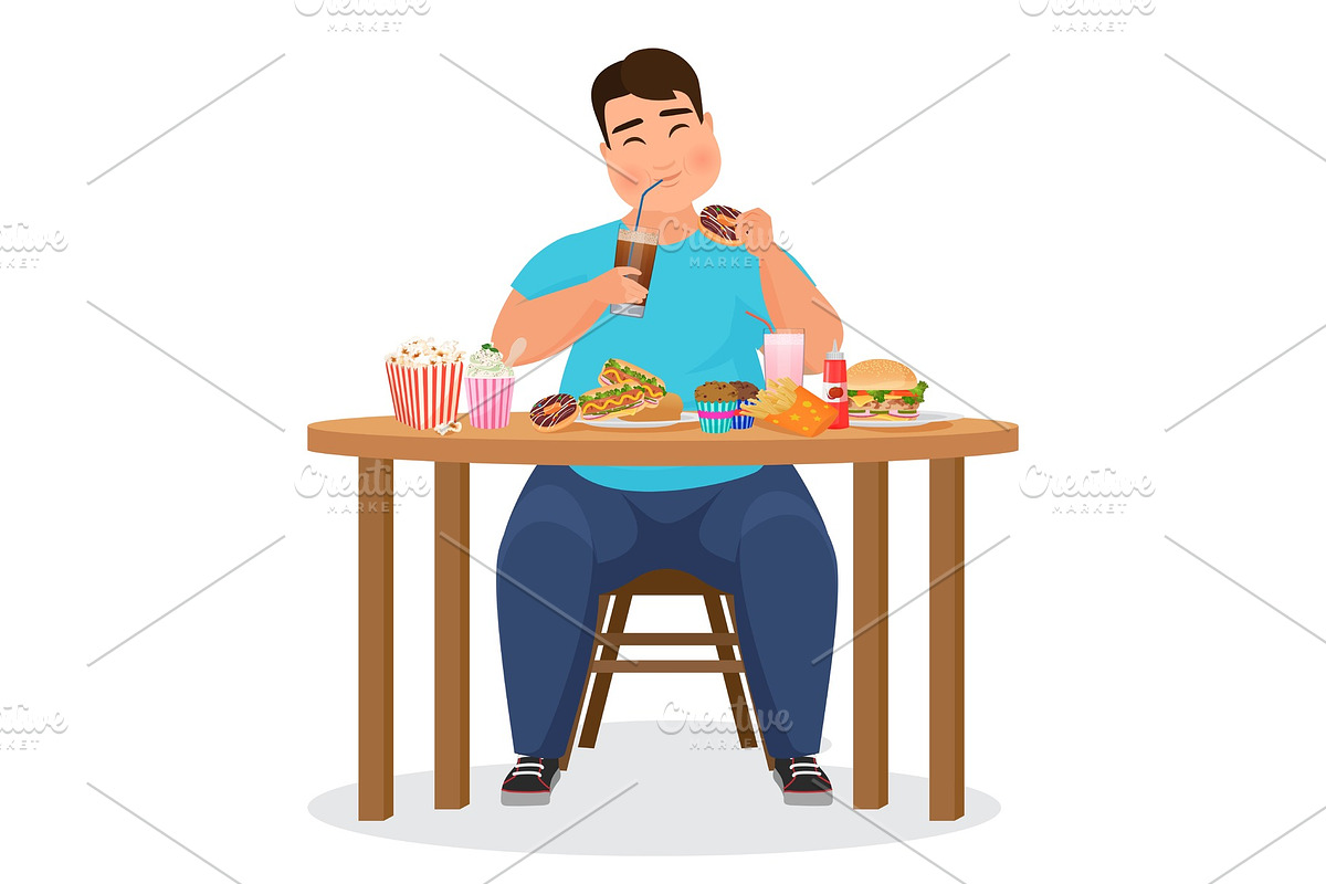 Funny fat man eating fast food in Illustrations - product preview 8