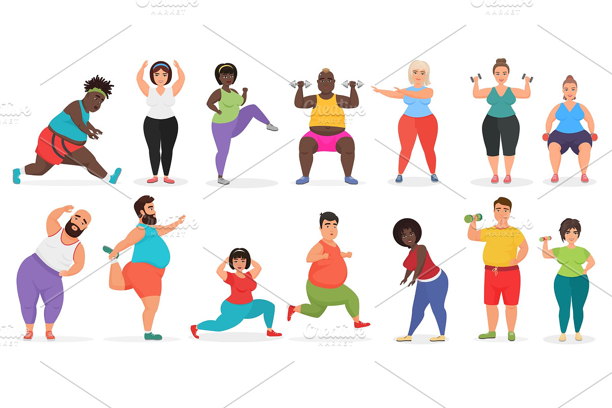 Fat people doing fitness gym in Illustrations - product preview 8