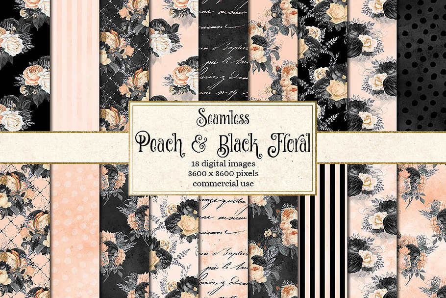 Peach and Black Floral Digital Paper