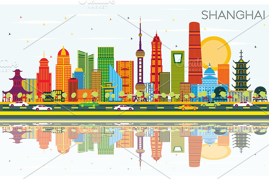 Shanghai China City Skyline in Illustrations - product preview 8