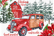 Watercolor Christmas Vintage Car