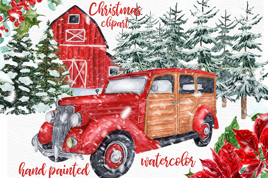 Watercolor Christmas Vintage Car in Illustrations - product preview 8