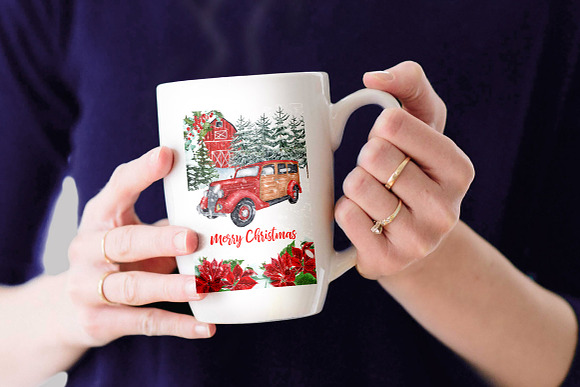 Watercolor Christmas Vintage Car in Illustrations - product preview 3