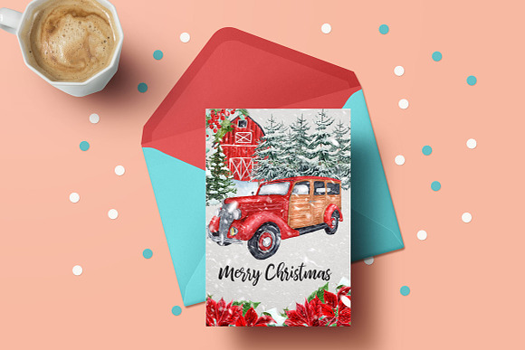 Watercolor Christmas Vintage Car in Illustrations - product preview 4