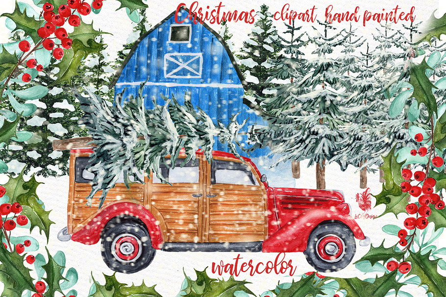 Watercolor Christmas Vintage Car in Illustrations - product preview 8