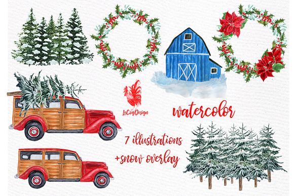 Watercolor Christmas Vintage Car in Illustrations - product preview 1
