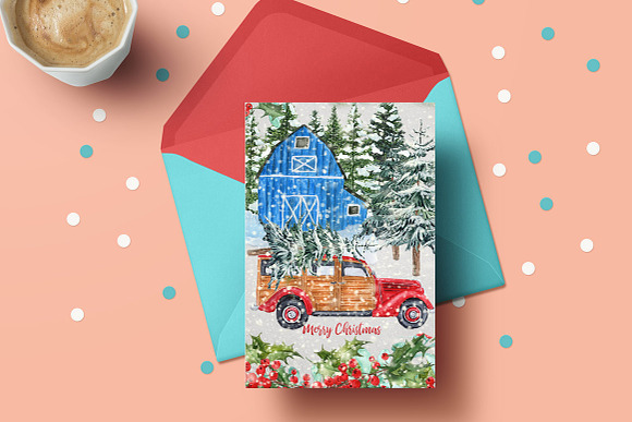 Watercolor Christmas Vintage Car in Illustrations - product preview 2