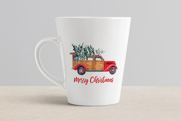 Watercolor Christmas Vintage Car in Illustrations - product preview 4