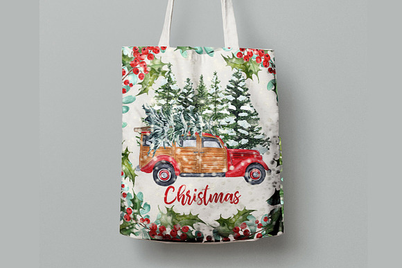 Watercolor Christmas Vintage Car in Illustrations - product preview 6