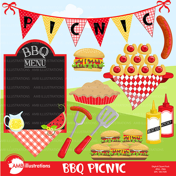 BBQ Party, Picnic, Clipart AMB-910 in Illustrations - product preview 1