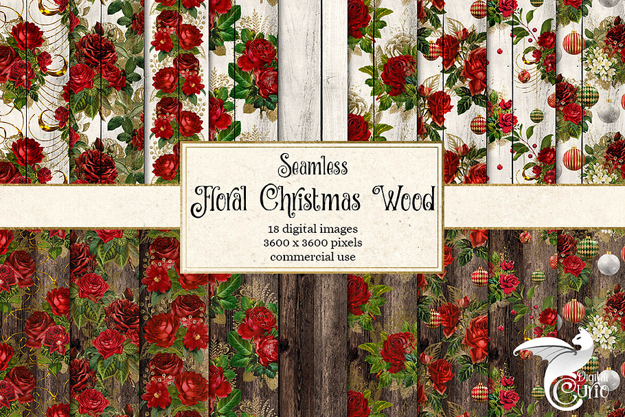 Floral Christmas Wood Digital Paper