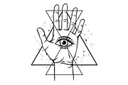 Open hand with all seeing eye symbol
