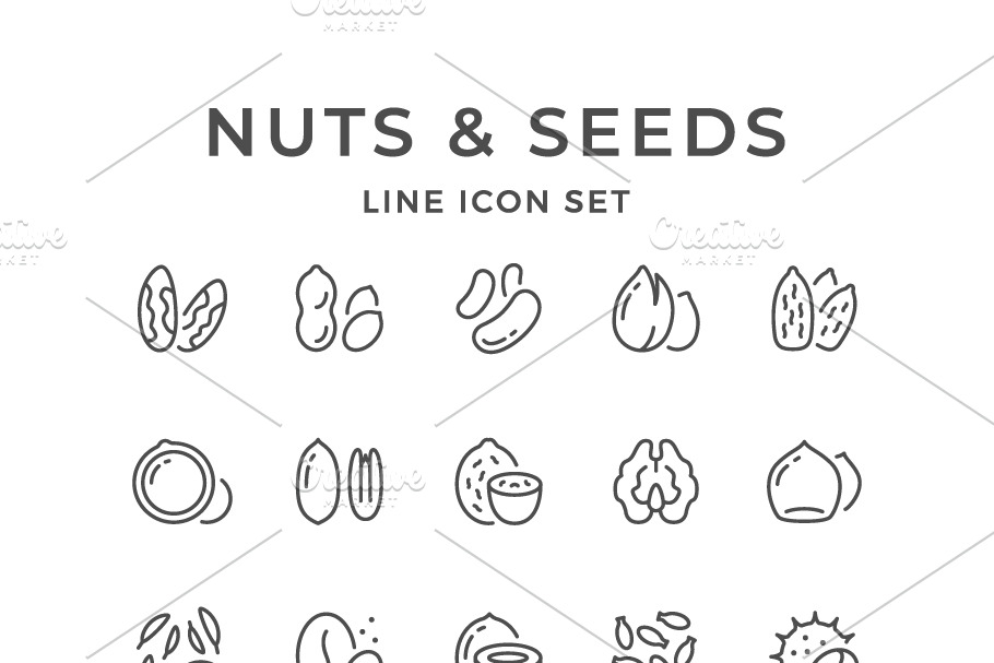 Set line icons of nuts and seeds