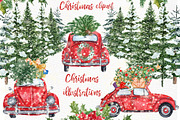 Watercolor Christmas Cars Clipart