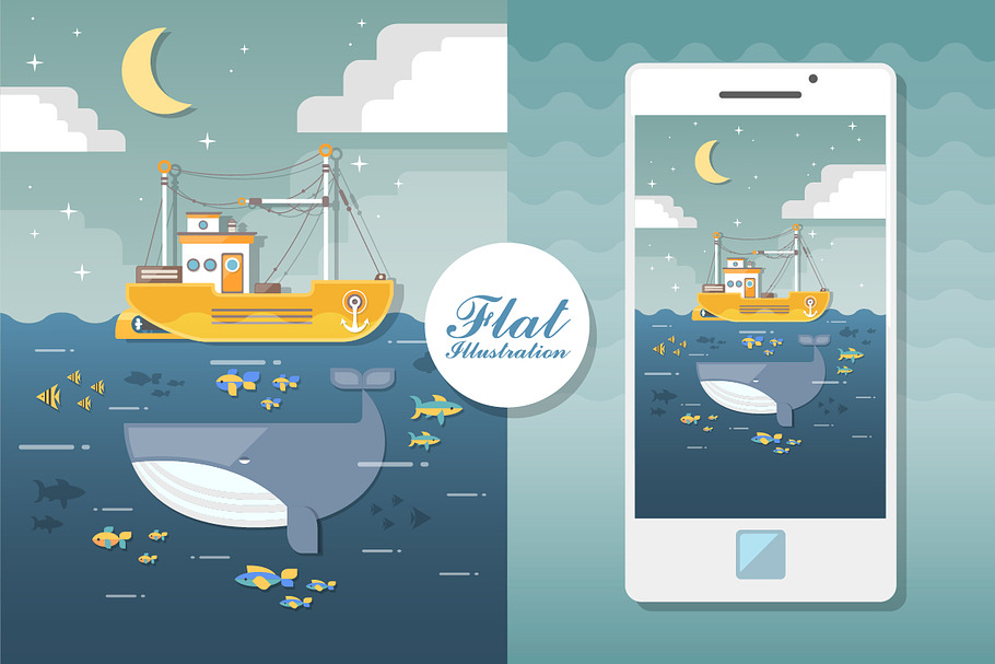 vector seascape with boat and fishes in Illustrations - product preview 8