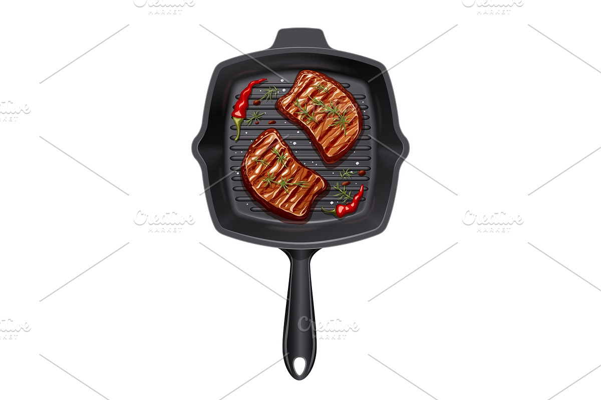 Two piece of meat fry at grill pan. in Illustrations - product preview 8