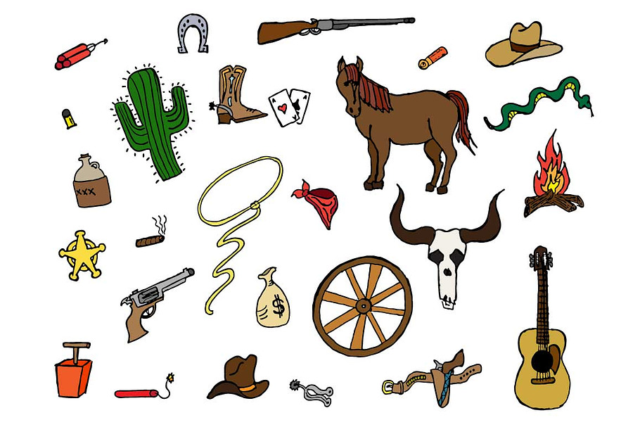 27 Wild West themed vector Doodles