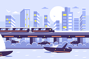 Subway train over cityscape