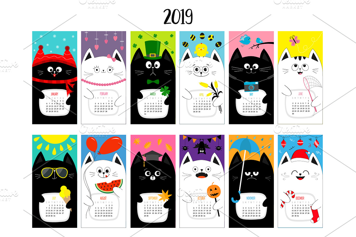 Cat horizontal monthly calendar 2019 in Illustrations - product preview 8