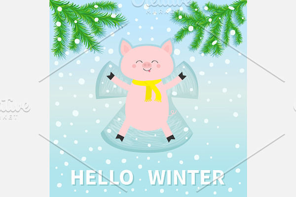 Hello winter. Pig making snow angel