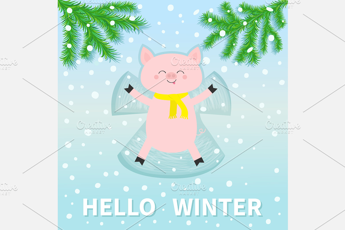 Hello winter. Pig making snow angel in Illustrations - product preview 8