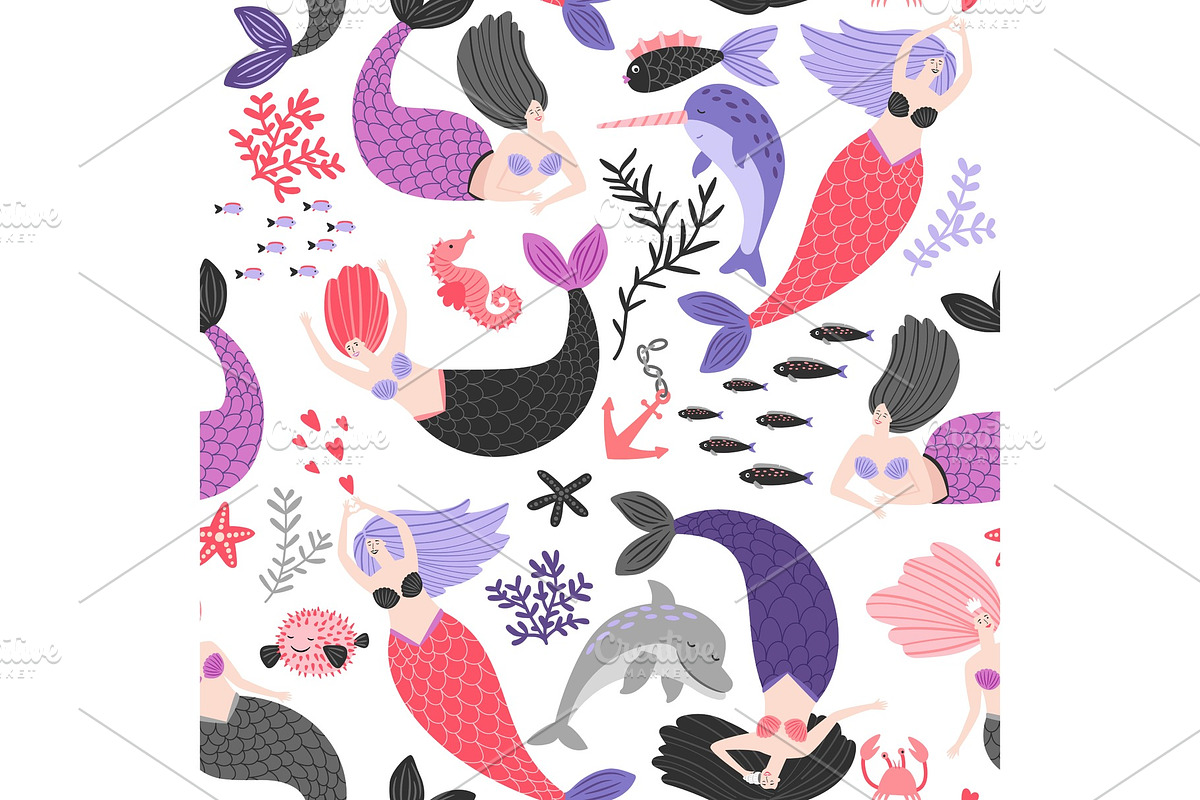 Cartoon mermaids and sea animals in Illustrations - product preview 8