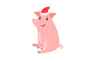 Cute pink pig in santa hat
