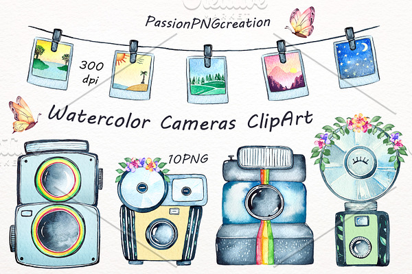 Watercolor Cameras Clipart