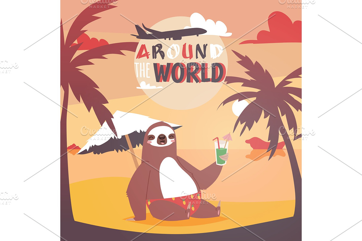 Sloth on vacation background. Animal in Illustrations - product preview 8