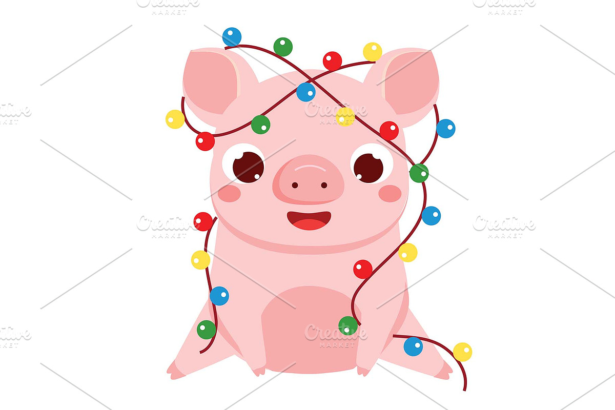 Cute pig with Christmas lights in Icons - product preview 8