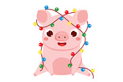 Cute pig with Christmas lights