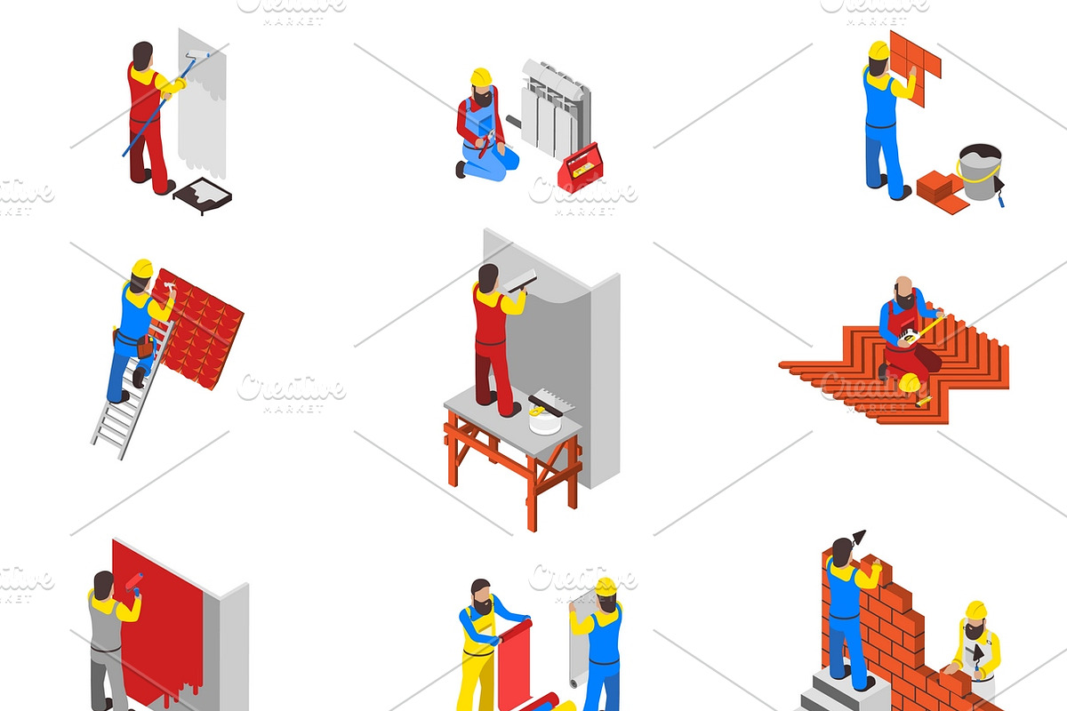 Builder people isometric icons set in Icons - product preview 8