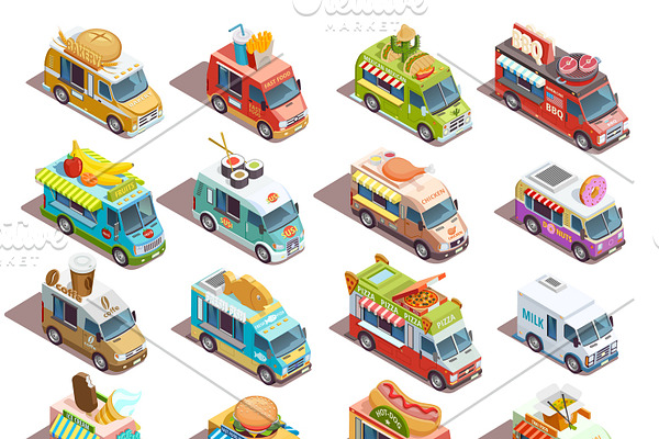 Street food trucks isometric icons
