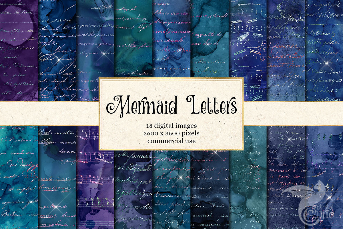 Mermaid Letters Digital Paper in Textures - product preview 8